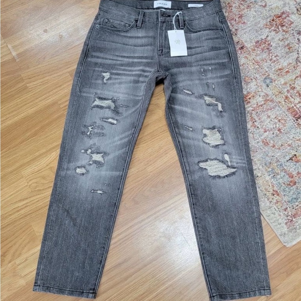 NWT Silver Sparkle Frame Le Beau Denim Distressed Crop Grey Jeans Size 24-26